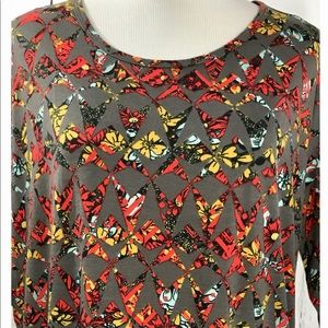 LuLaRoe NWT M Irma Tunic, grey w/ orange, yellow, & light blue details.
